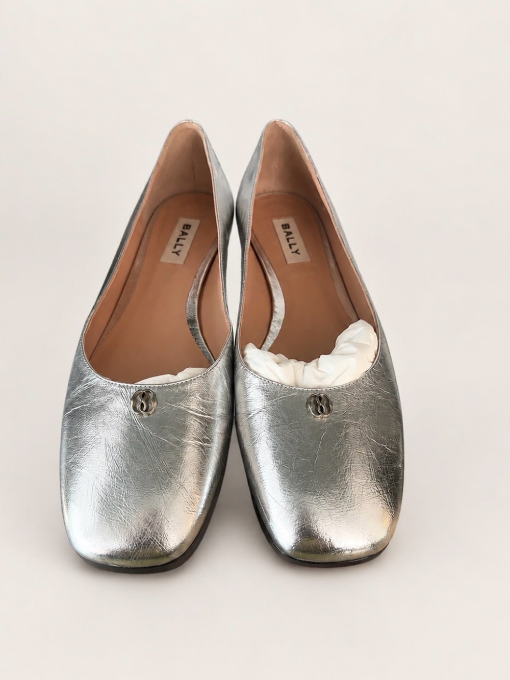 Bally Briella Silver Leather Ballet Flats Size 40 US 9.5 (Dust Bag & Box)